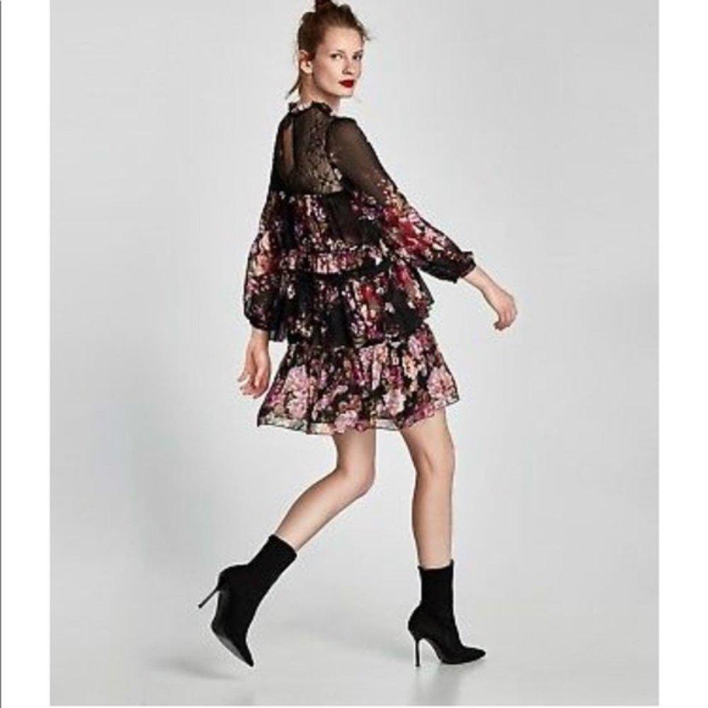 Zara black lace floral tiered ruffle boho dress M - Picture 10 of 11